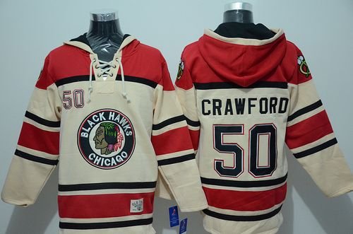 Men's Chicago Blackhawks #50 Corey Crawford Cream Sawyer Hooded Sweatshirt Stitched Jersey