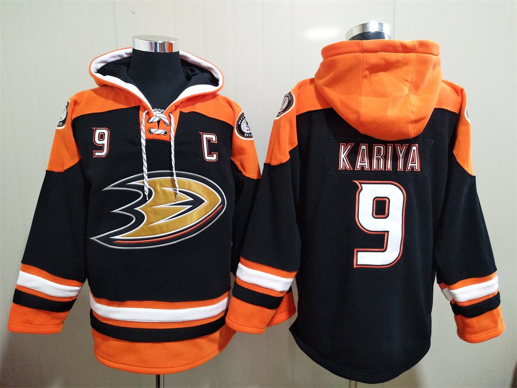 Men's Anaheim Ducks #9 Paul Kariya Black Orange Lace-Up Pullover Hoodie Jersey